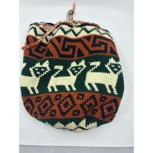 Artisan Hand Knit Wool Shoulder Bag South American Llama Geometric Boho Green